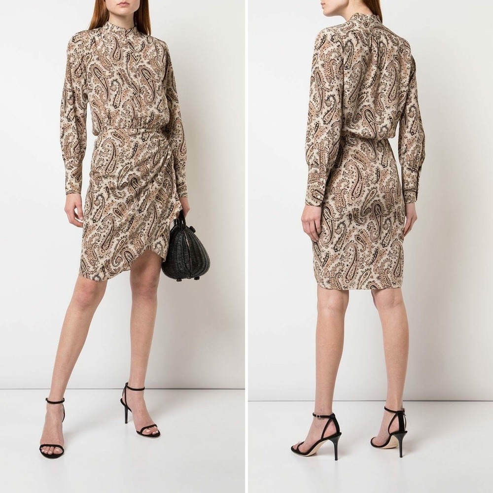 NILI LOTAN Leora‎ Dress Black Beige Paisley Silk Size 4 Chic Sexy Long Sleeve